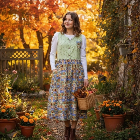 LG 100% Vintage Cotton Dress Teacher Garden Vibrant Patchwork Print Maxi Modest - Picture 14 of 14